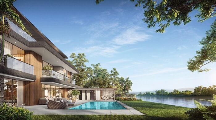 حیاط یکی از ویلاهای لوکس منطقه جزیره جینان با استخر زیبا در شهرک الموج