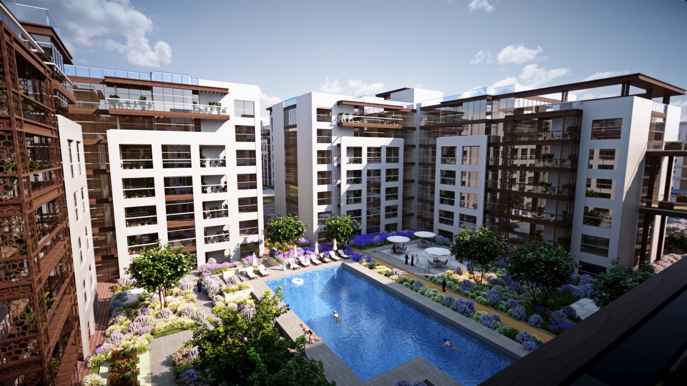 محوطه استخر آپارتمان های شهرک یتی برای خرید ملک در مسقط