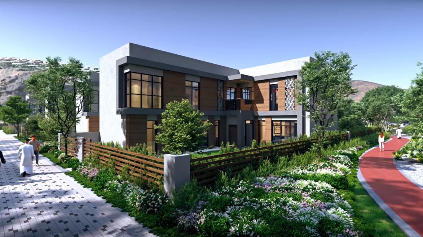 نمای بیرونی ویلاهای تاون هاوس شهرک یتی واقع در شهر مسقط پایتخت کشور عمان. خرید ملک در عمان برای دریافت اقامت عمان