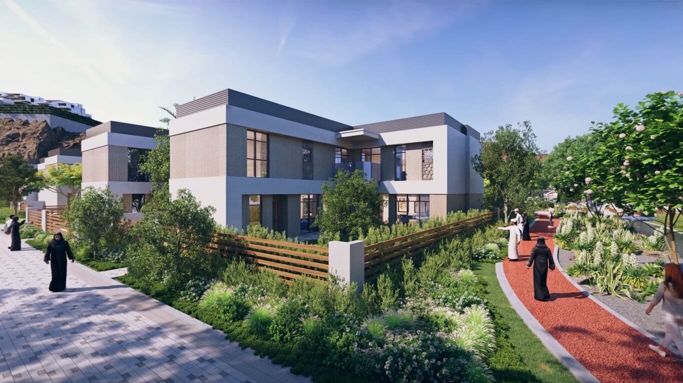 نمای حیاط ویلاهای تاون هاوس شهرک یتی واقع در شهر مسقط پایتخت کشور عمان. خرید ملک در عمان برای دریافت اقامت عمان