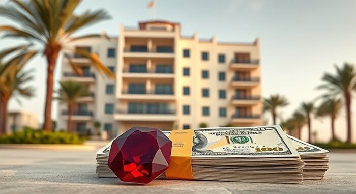 تصویری از دو دسته اسکناس دلار آمریکا و یک یاقوت جلوی تصویر آپارتمانی در عمان که بیانگر قسمت آپارتمان در عمان است.