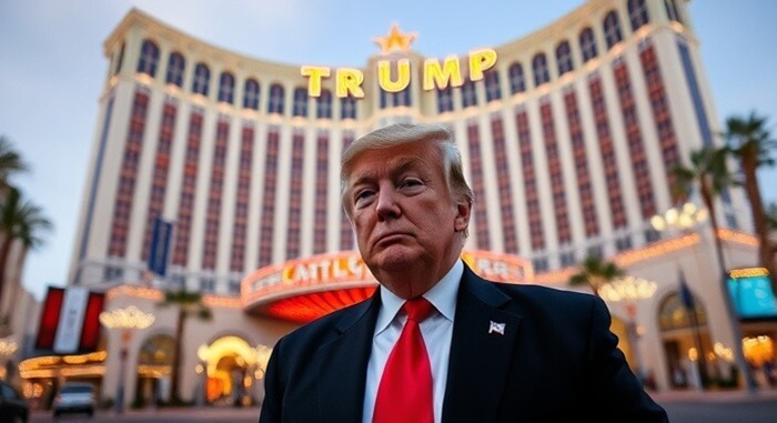 دونالد ترامپ در مقابل هتل ترامپ در لاس وگاس