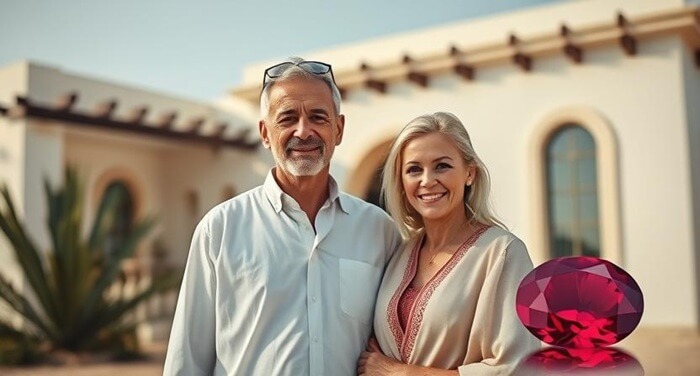 یک مرد و زن در جلوی خانه خود در عمان ایستاده اند