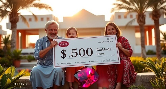 یک خانواده با در دست داشتن یک چک 500 دلاری.کمپین ویژه خرید ملک در عمان! از ۱ اسفند تا ۱۵ فروردین ۱۴۰۴، ۵۰۰ دلار کش‌بک دریافت کنید. مشاوره رایگان و اقامت عمان. اقدام کنید!