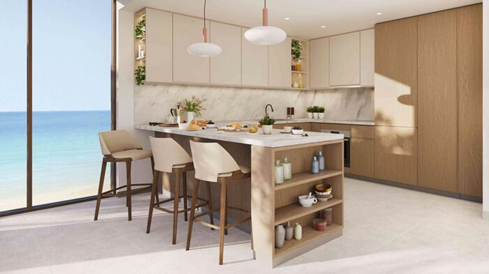 دیزاین و دکوراسیون آشپزخانه واحد های آپارتمانی پروژه Azure در شهرک الموج مسقط