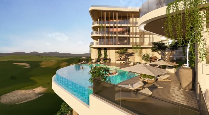 استخر اینفینیتی آپارتمان های گلف هیلز در شهرک مسقط هیلز با ویوی زمین گلف - خرید اقساطی ملک در عمان