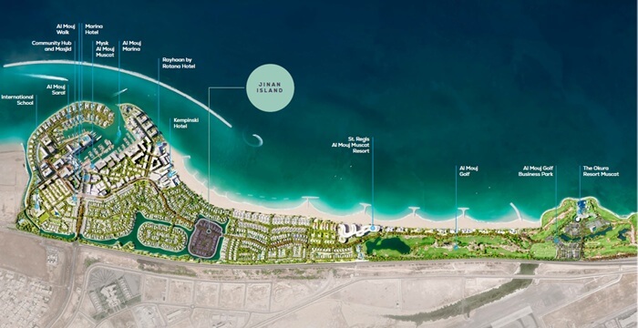 نقشه شهرک الموج در مسقط و مشخص بودن ناحیه جزیره جینان مناسب برای خرید ملک در عمان