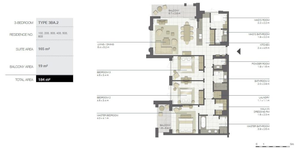 نقشه پلن واحد 3 خواب آپارتمانهای فیری هولد هتل ماندارین مسقط Mandarin Oriental oman muscat