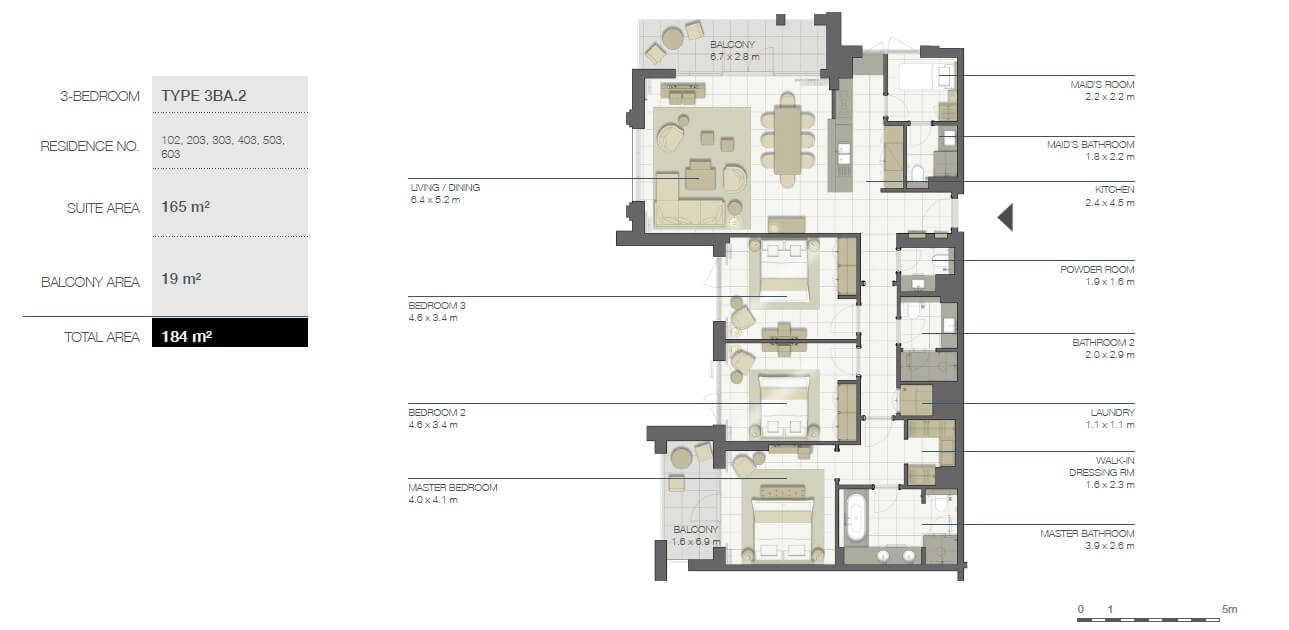 نقشه پلن واحد 3 خواب آپارتمانهای فیری هولد هتل ماندارین مسقط Mandarin Oriental oman muscat
