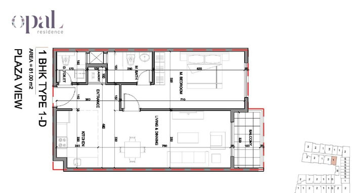 نقشه واحد یکخواب برج مسکونی اوپال در شهرک مسقط هیلز - پیش خرید آپارتمان در عمان