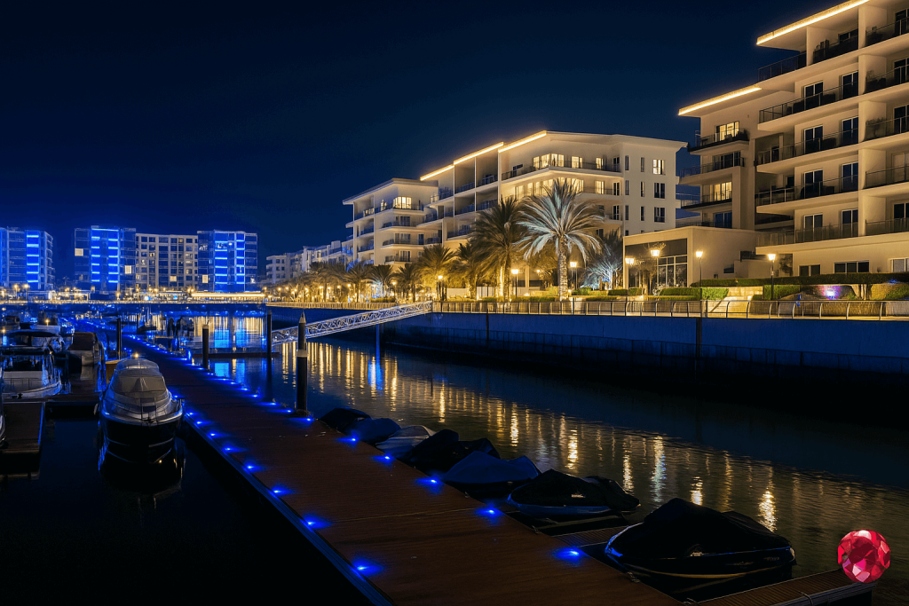 تصویر بندرگاه شهرک الموج عمان - نمای شب بندر - خرید ملک در عمان